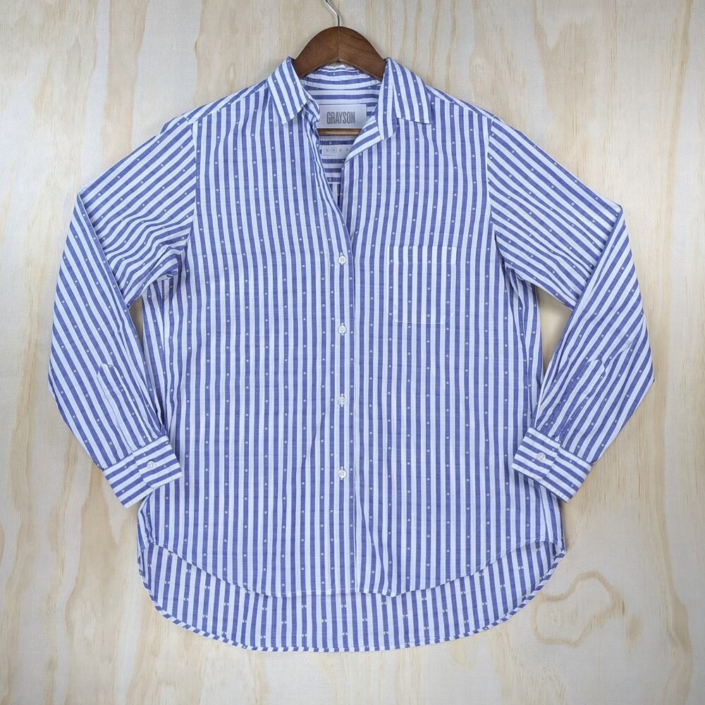 Grayson Women's Small The Hero Striped Button Up Shirt Blue White Clip Dot 02